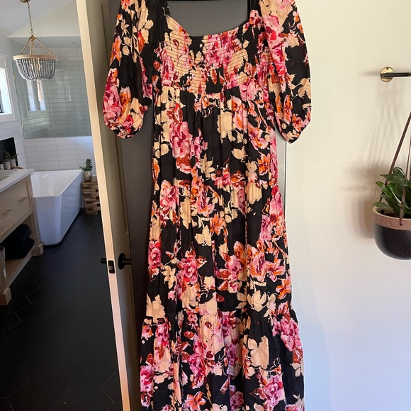 Anthropologie Blossom Maxi Dress Black Pink Floral Puff Sleeves size medium - Picture 3 of 4